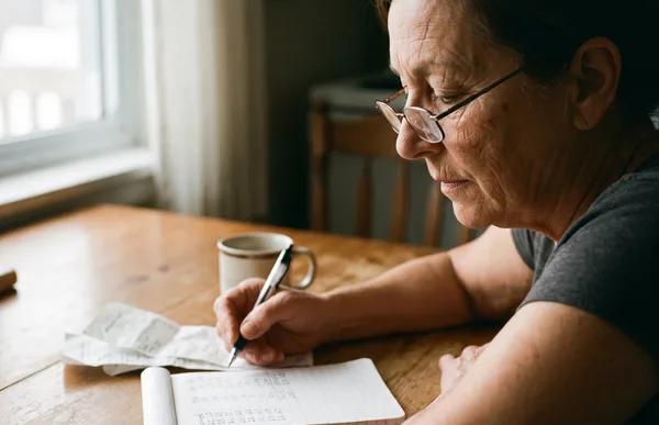 Woman in her late 60s at a kitchen table writing a budget in a notebook beside receipts and a mug of coffee