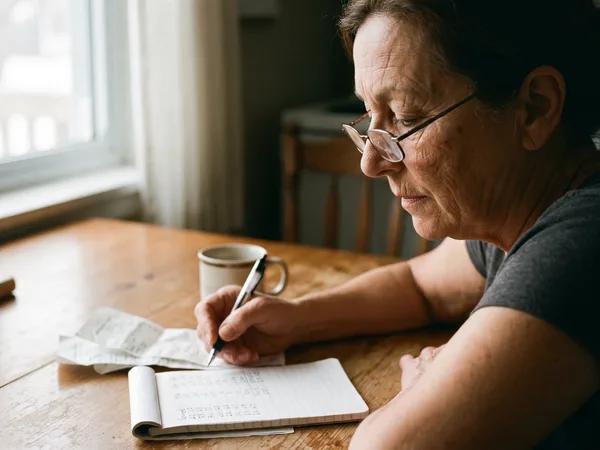 Woman in her late 60s at a kitchen table writing a budget in a notebook beside receipts and a mug of coffee