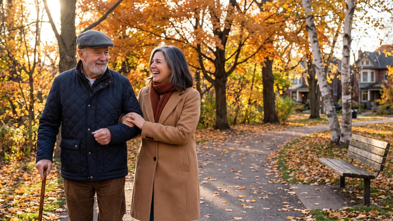 A father with a cane walks arm in arm with his daughter on a sunny autumn park path, both laughing.