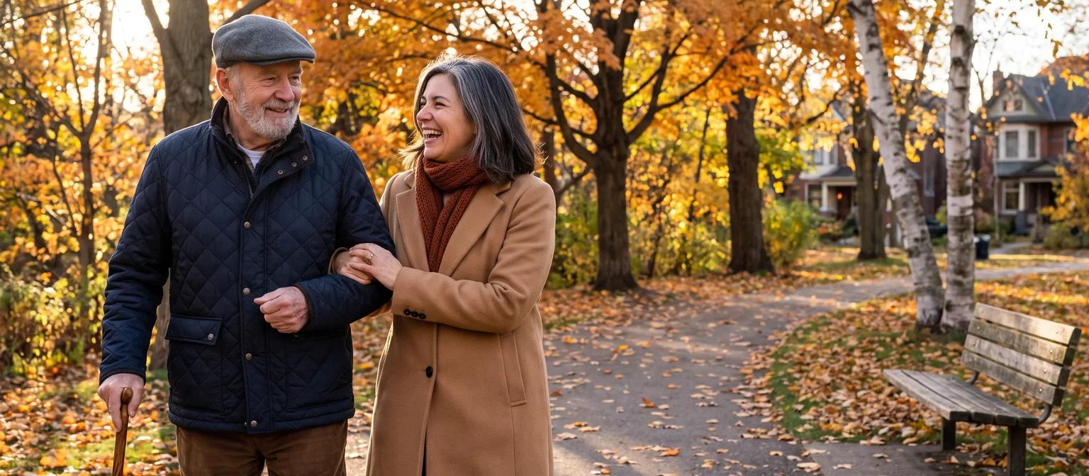A father with a cane walks arm in arm with his daughter on a sunny autumn park path, both laughing.