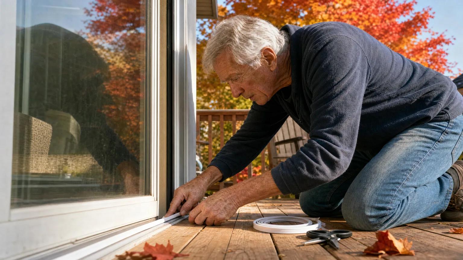 A man in his 70s presses new weatherstripping along a sliding-door frame on a sunny fall deck