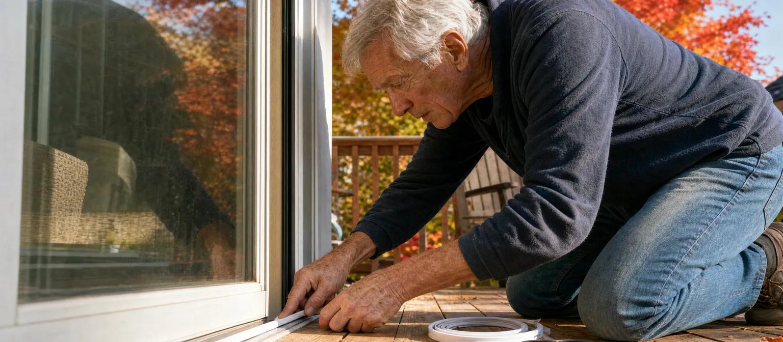 A man in his 70s presses new weatherstripping along a sliding-door frame on a sunny fall deck