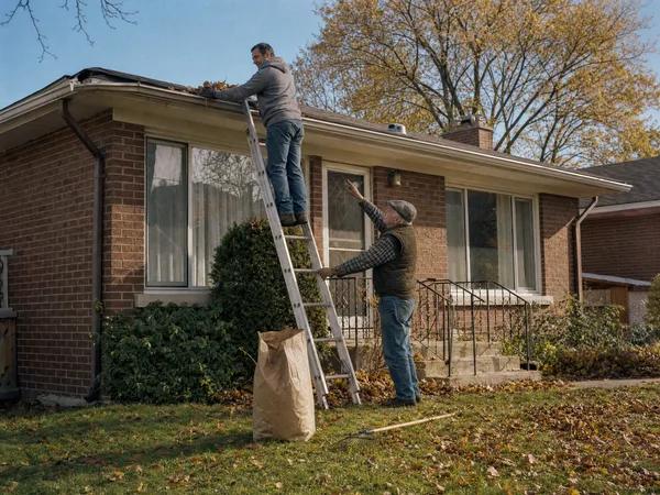 An adult son clears the eavestrough from a ladder while his father steadies it and points from below