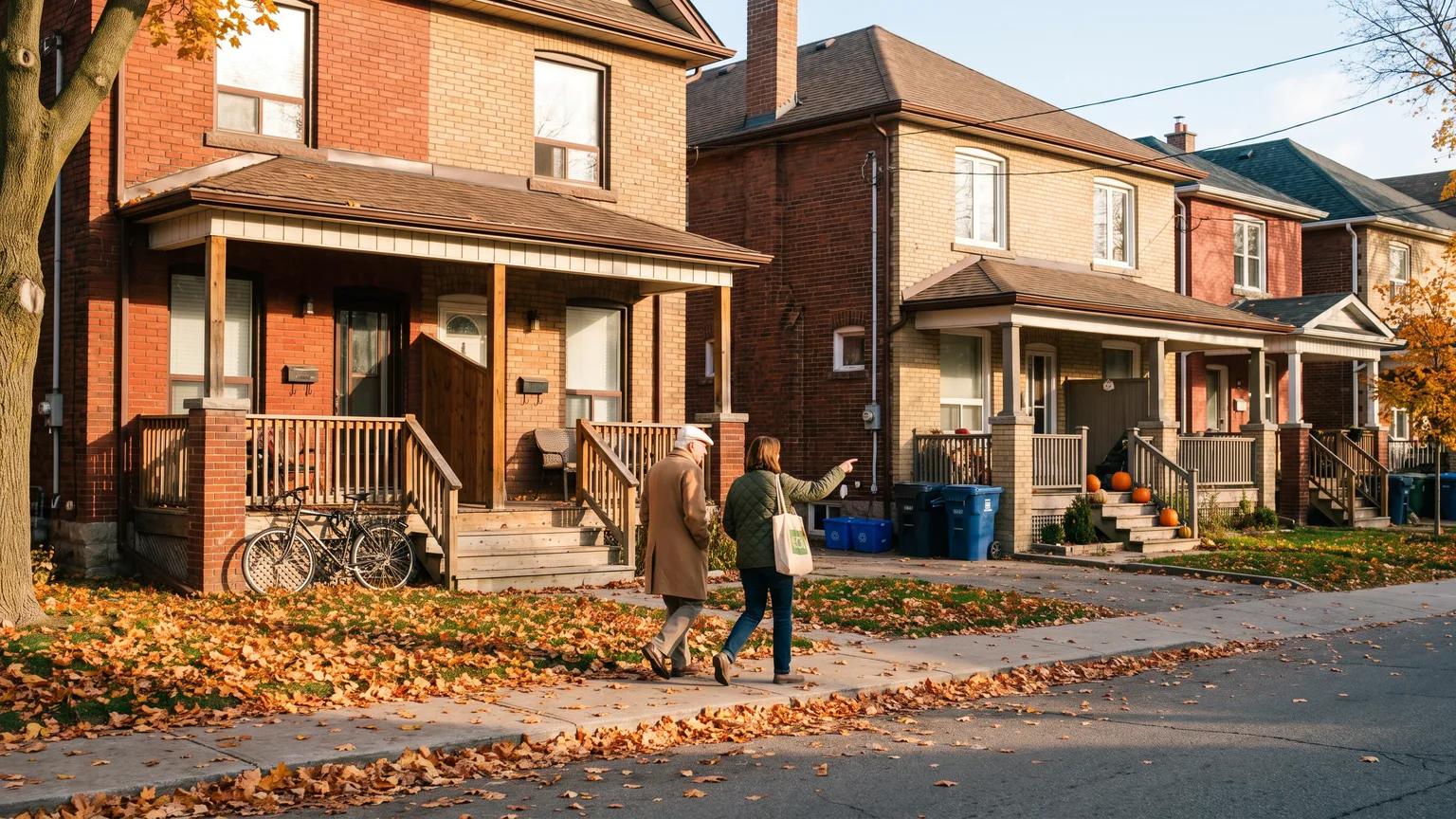 A man in his early 80s walks a Toronto street of brick semis with his daughter, who points out a house on an autumn morning.