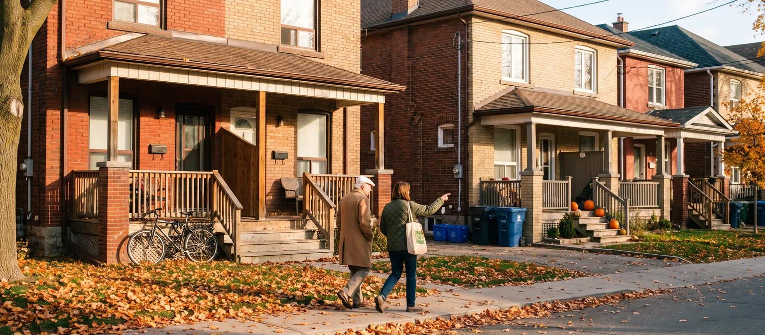 A man in his early 80s walks a Toronto street of brick semis with his daughter, who points out a house on an autumn morning.