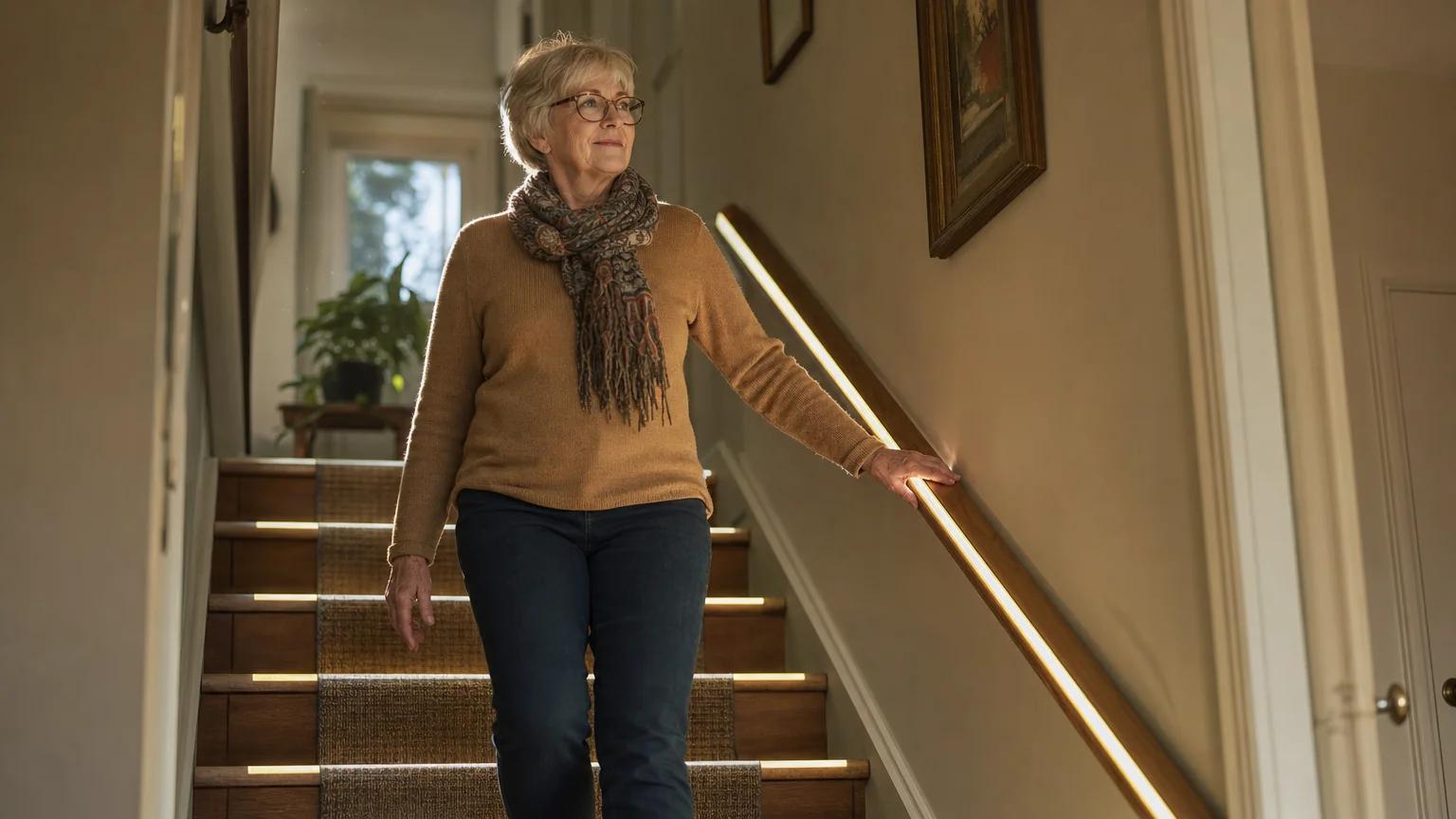 Senior woman walking down brightly lit home stairs with a hand on the handrail