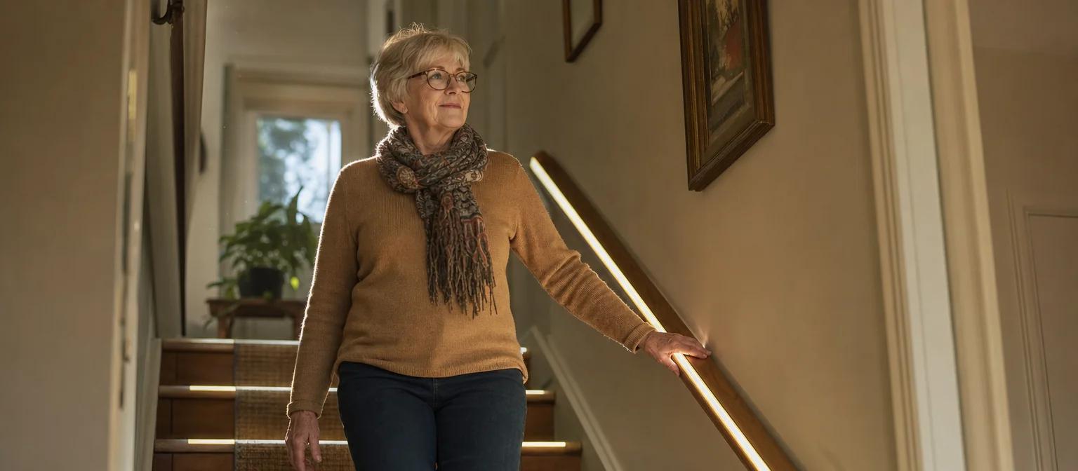 Senior woman walking down brightly lit home stairs with a hand on the handrail