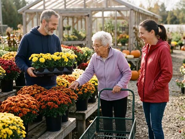A mother in her late 70s picks fall mums at a garden centre while her son and daughter share the carrying