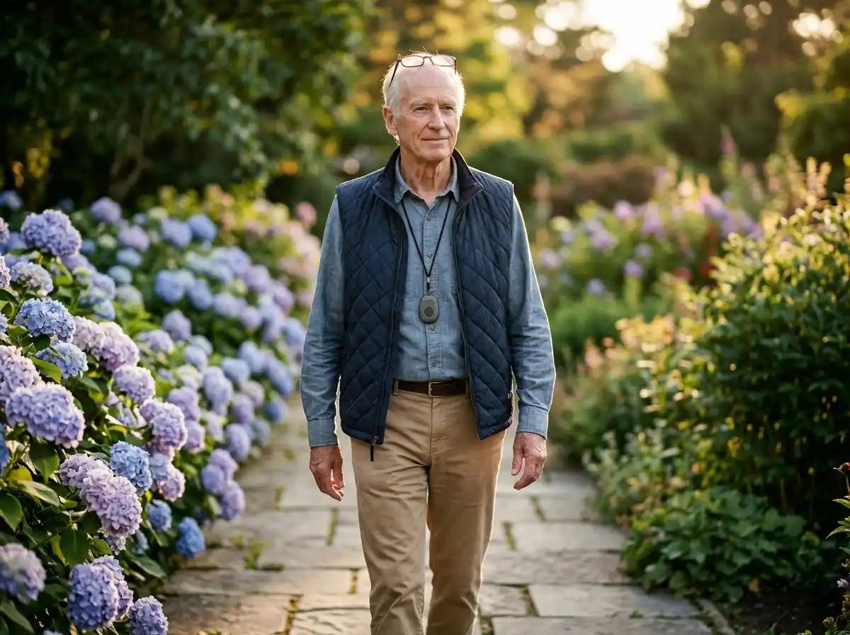 Man walking outside on a pathway surrounded by greenery and flowers