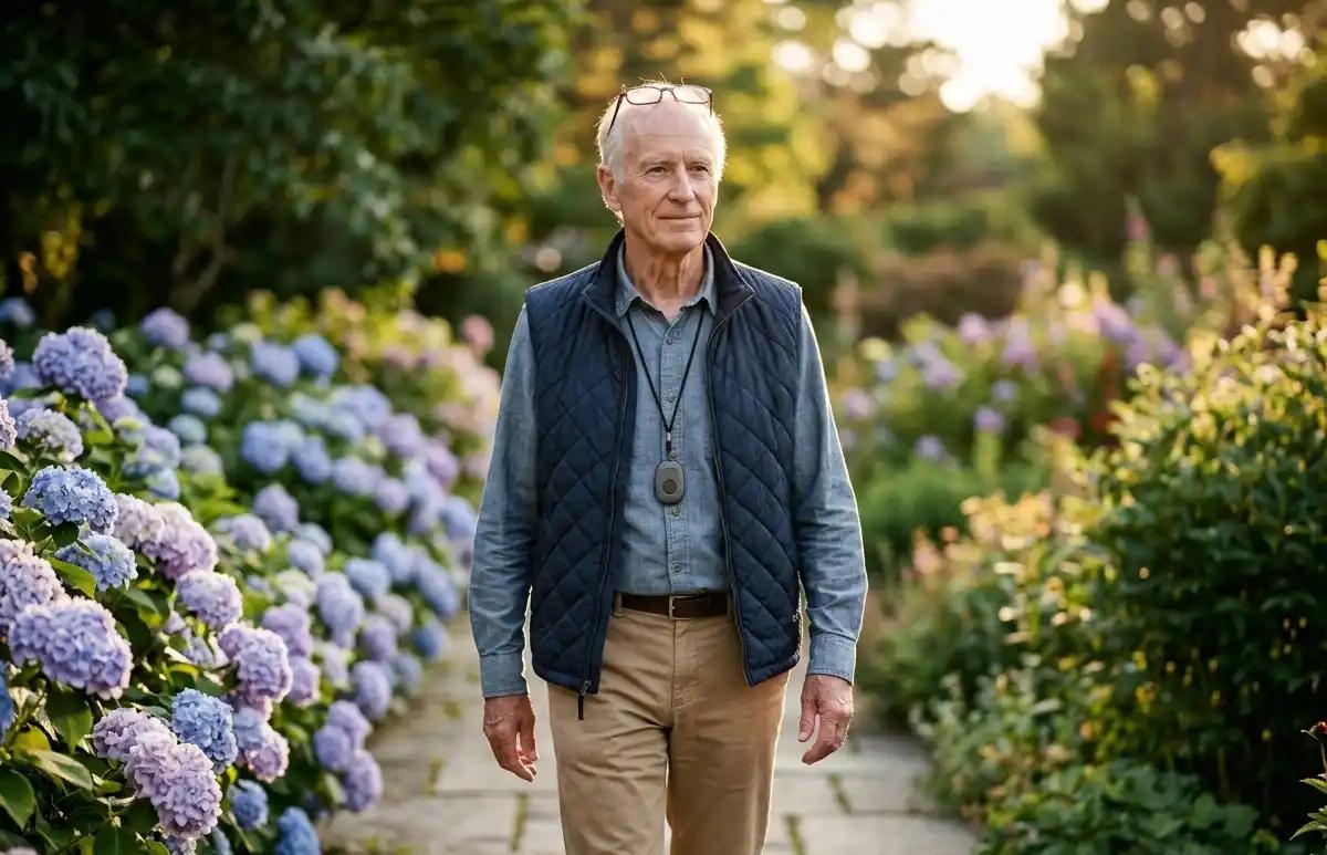 Man walking outside on a pathway surrounded by greenery and flowers