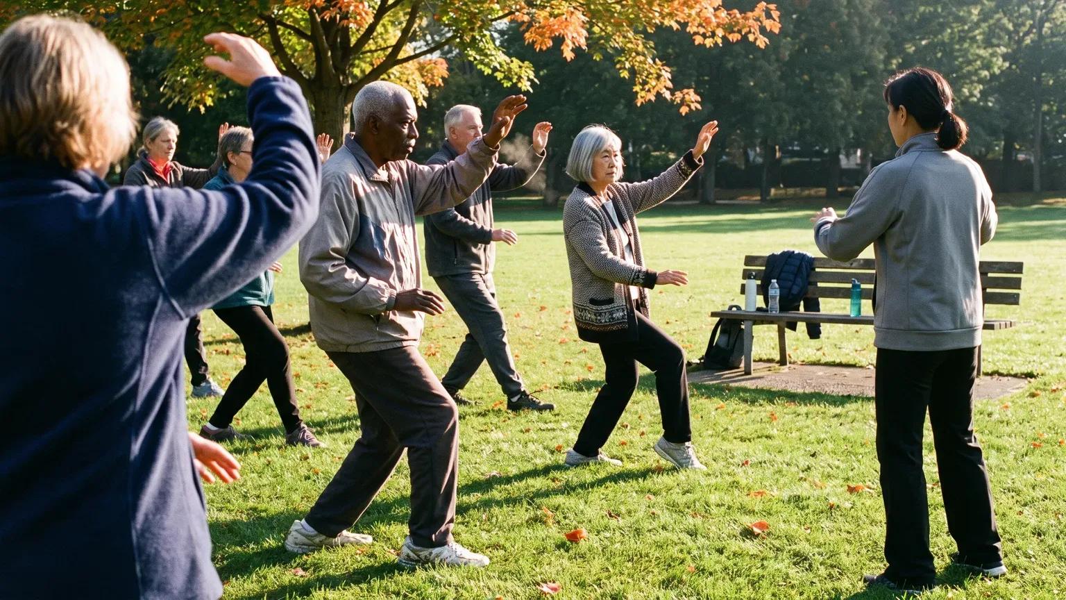 Six seniors practise tai chi on a sunny park lawn under orange maples, arms raised together, an instructor leading