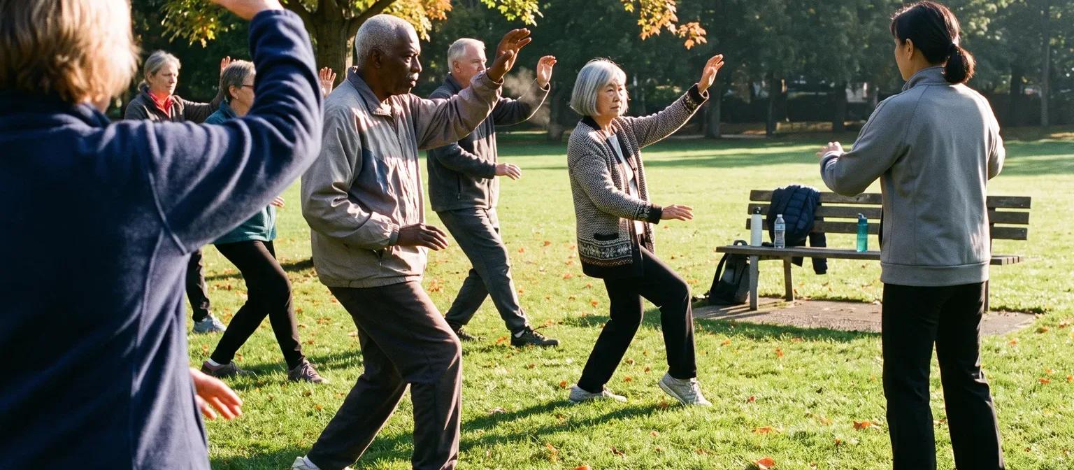 Six seniors practise tai chi on a sunny park lawn under orange maples, arms raised together, an instructor leading