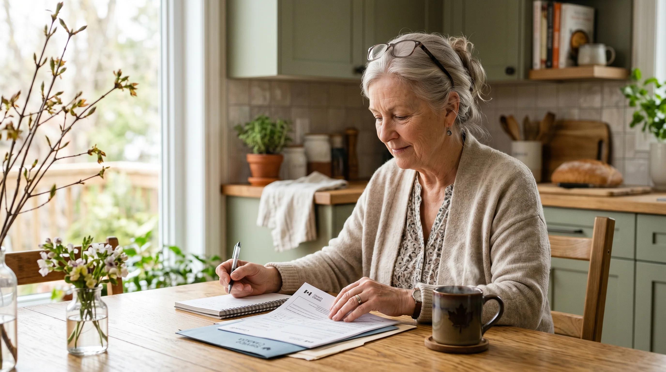 Canadian senior reviewing Guaranteed Income Supplement paperwork at a sunlit kitchen table with a mug of tea