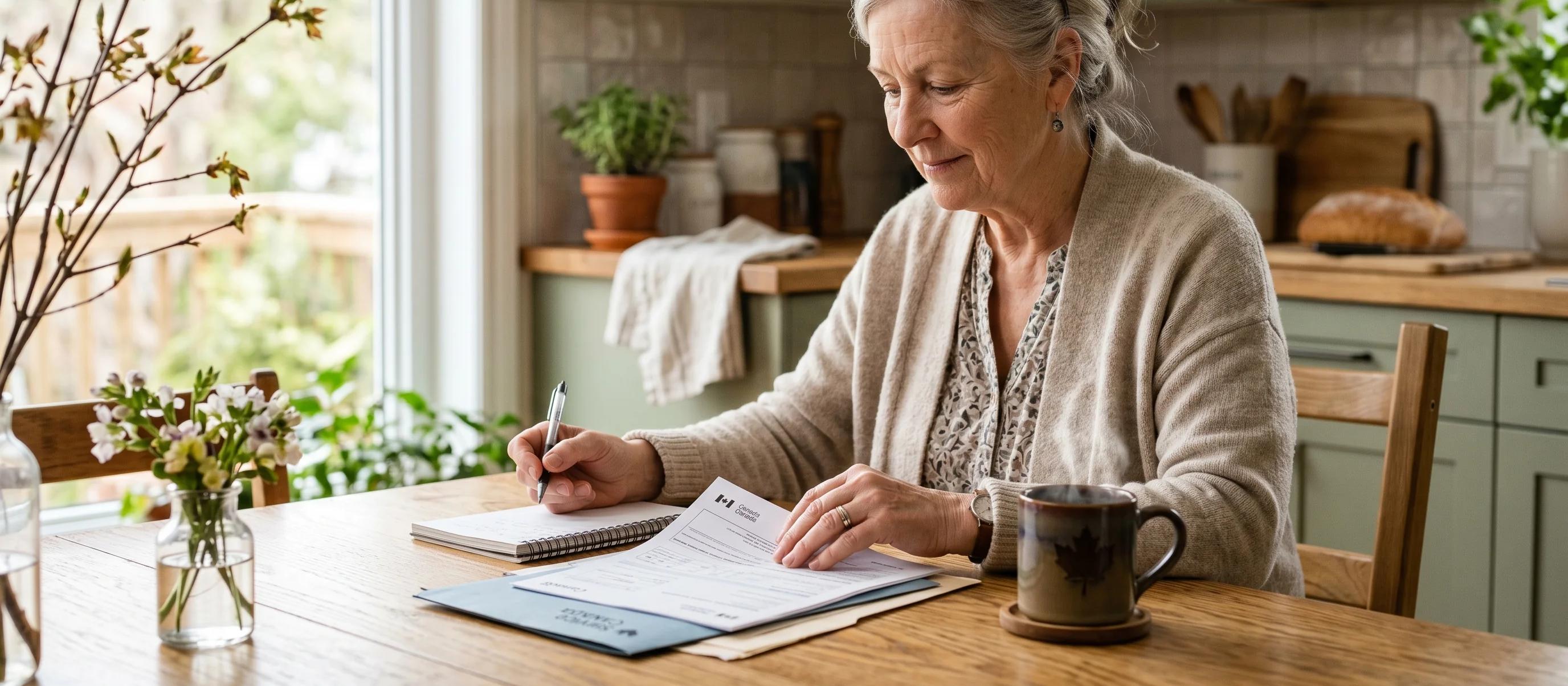 Canadian senior reviewing Guaranteed Income Supplement paperwork at a sunlit kitchen table with a mug of tea