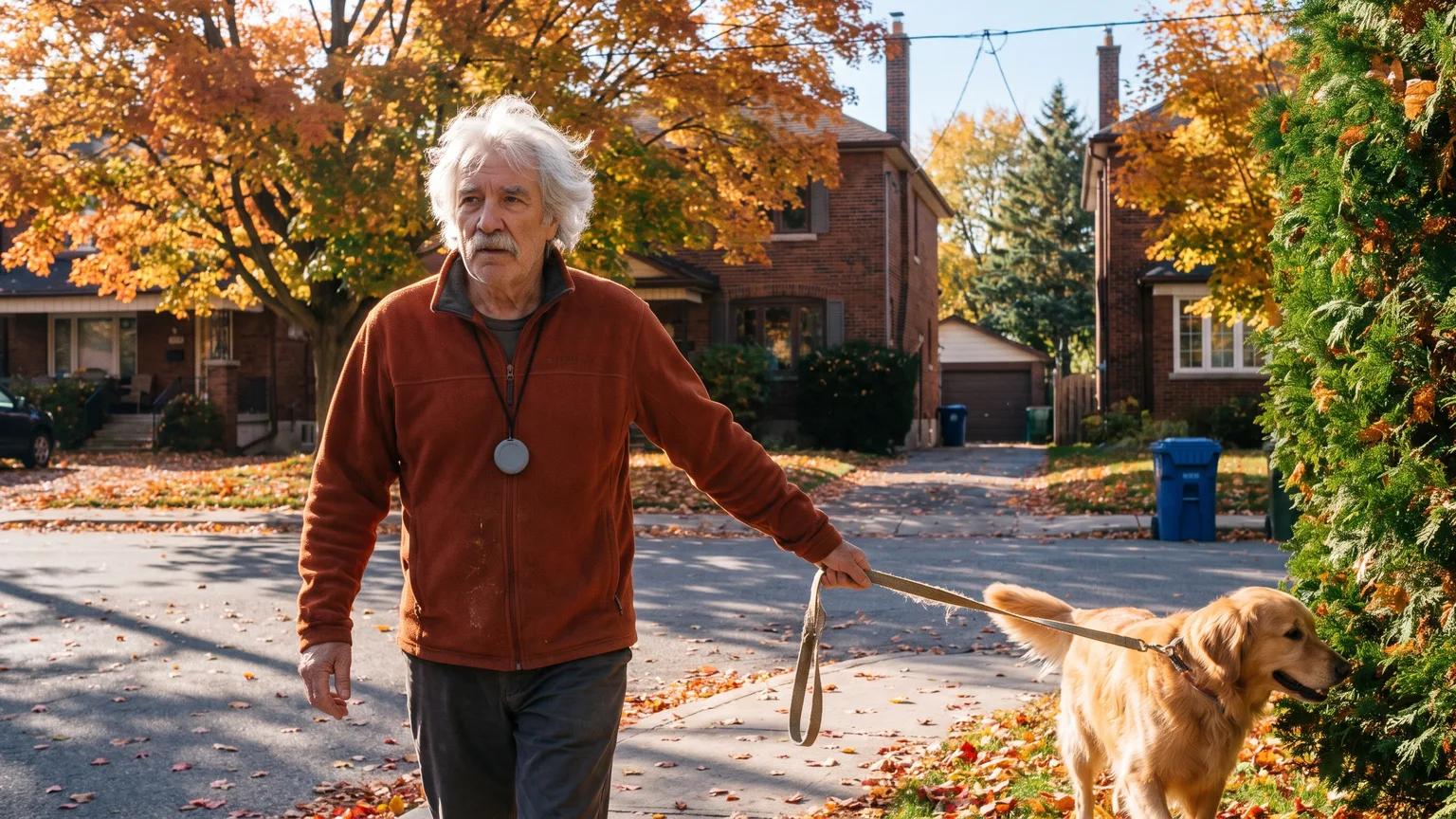 A man in an orange fleece walks his golden retriever on a leafy autumn sidewalk, a small pendant on a lanyard at his chest