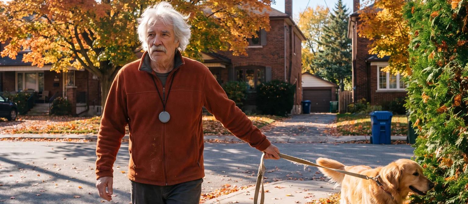 A man in an orange fleece walks his golden retriever on a leafy autumn sidewalk, a small pendant on a lanyard at his chest