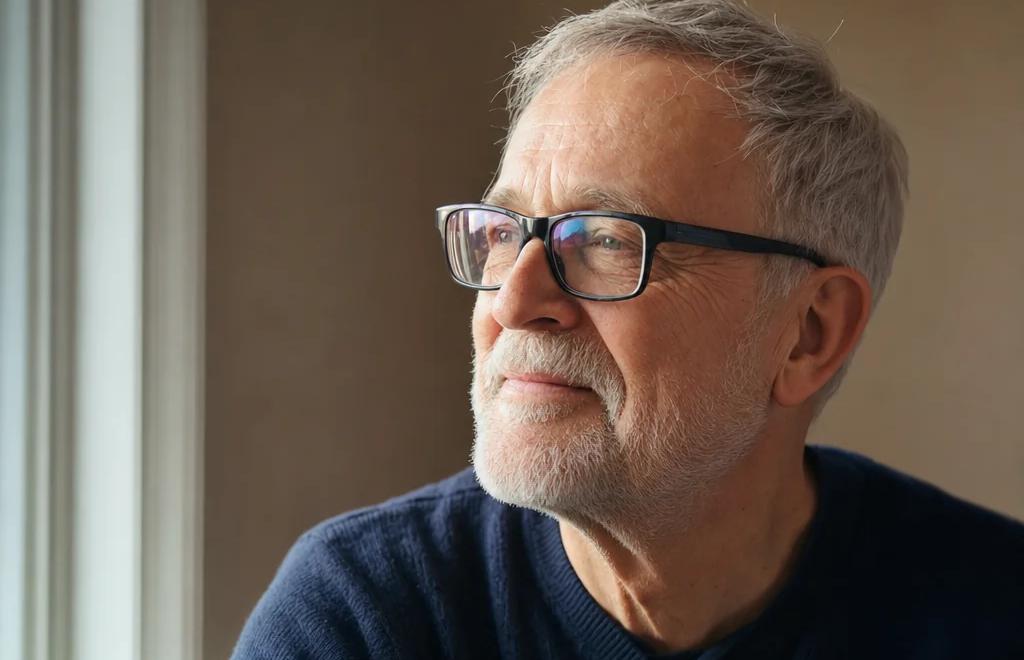 Senior man wearing glasses near a window showing age-related vision changes