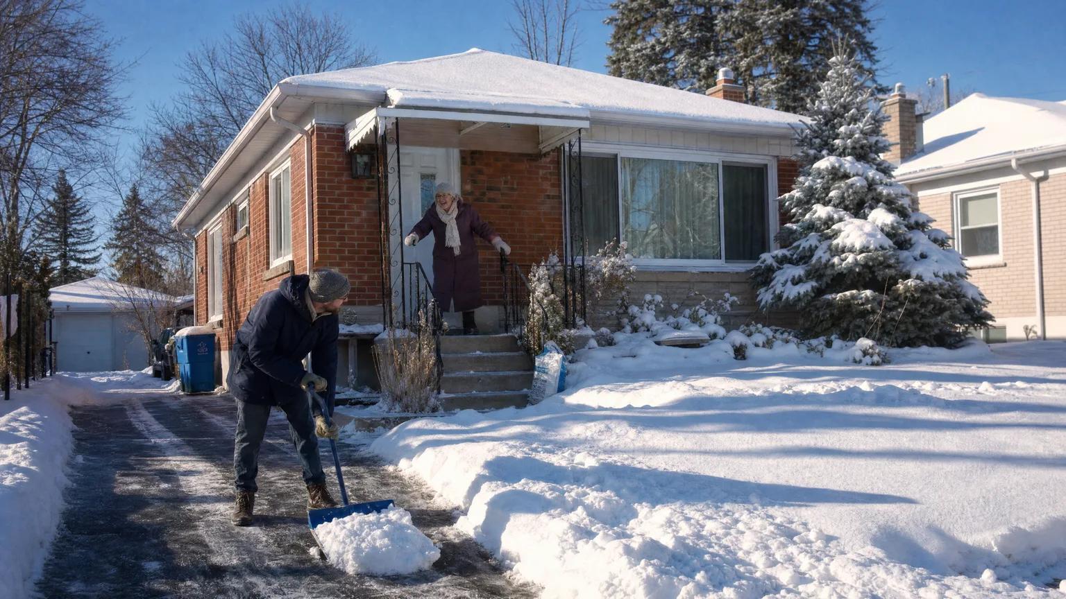 A volunteer shovels a senior's driveway after fresh snow as she chats and laughs from her front step on a sunny morning