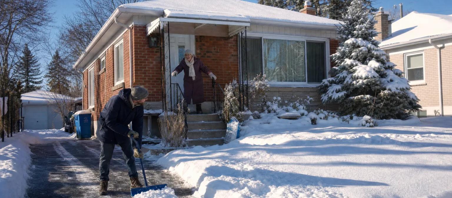 A volunteer shovels a senior's driveway after fresh snow as she chats and laughs from her front step on a sunny morning