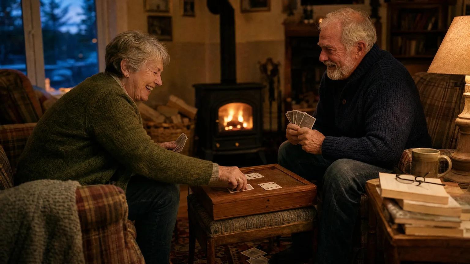 Couple in their 70s laughing over a game of crib beside a glowing wood stove in a warm Nova Scotia living room