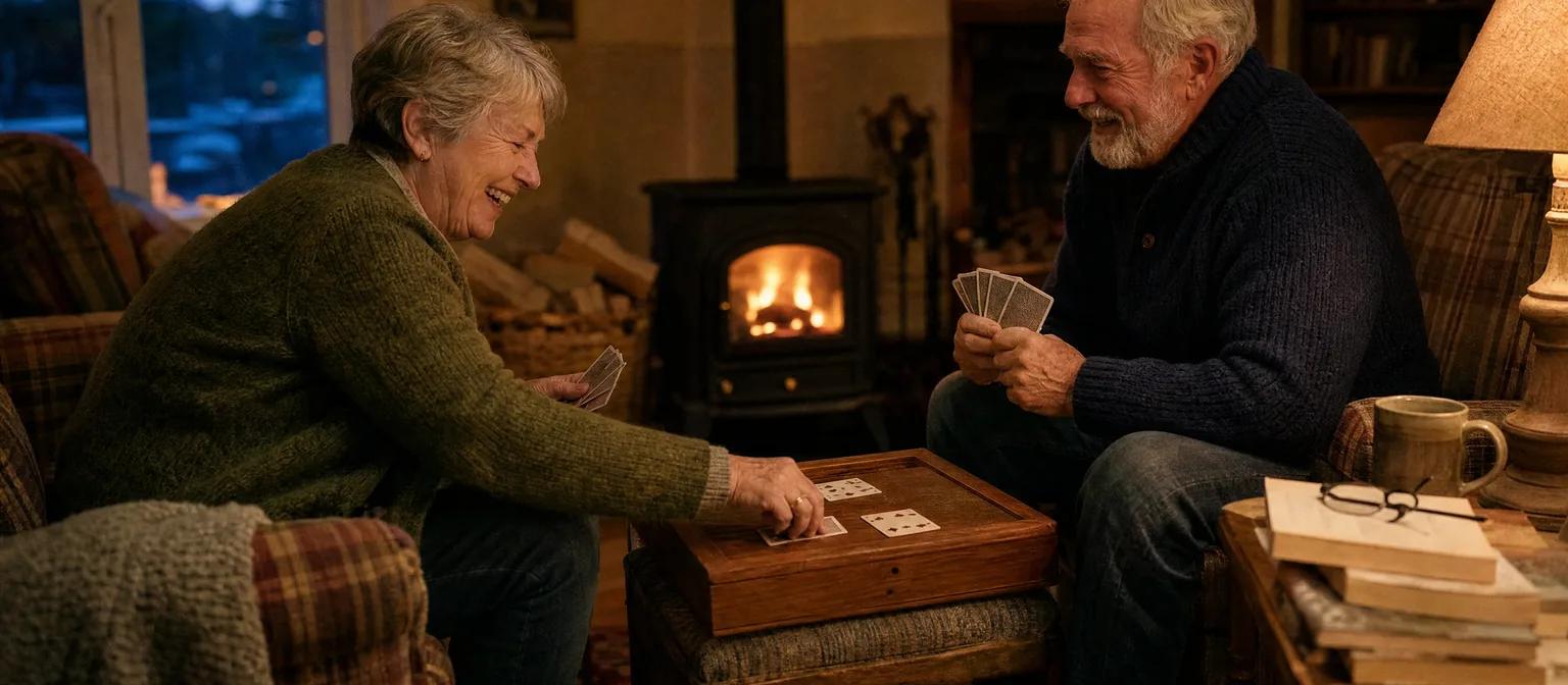 Couple in their 70s laughing over a game of crib beside a glowing wood stove in a warm Nova Scotia living room