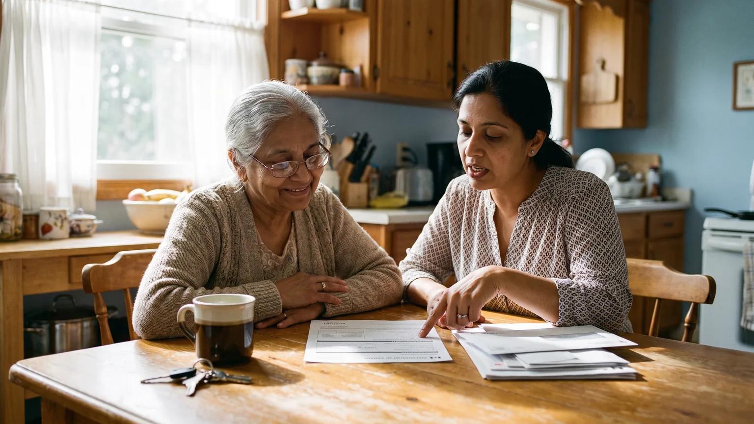 An older woman and her adult daughter review government mail and a form together at a sunlit kitchen table.