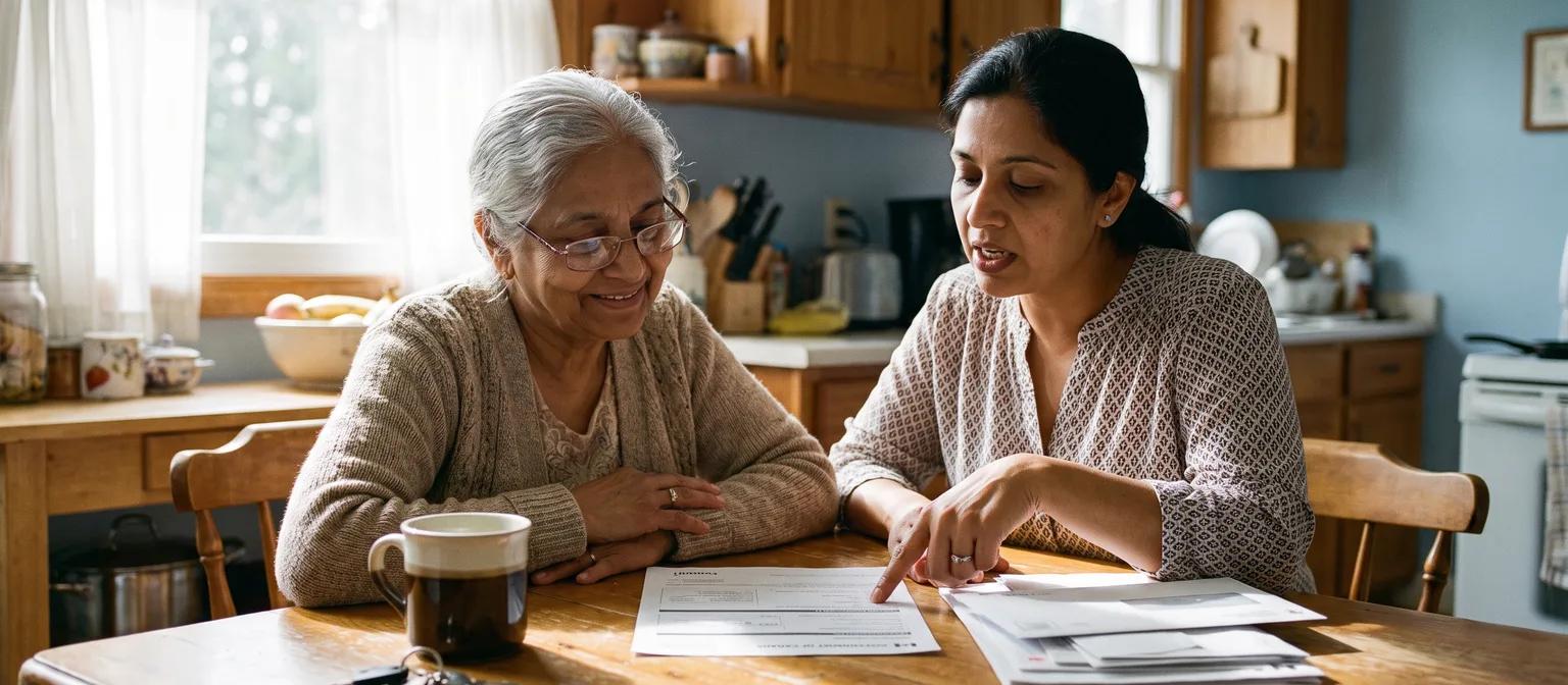 An older woman and her adult daughter review government mail and a form together at a sunlit kitchen table.