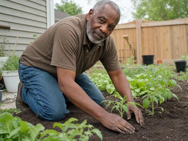 Senior man with a grey beard kneels in his backyard garden, planting a young tomato seedling in dark soil