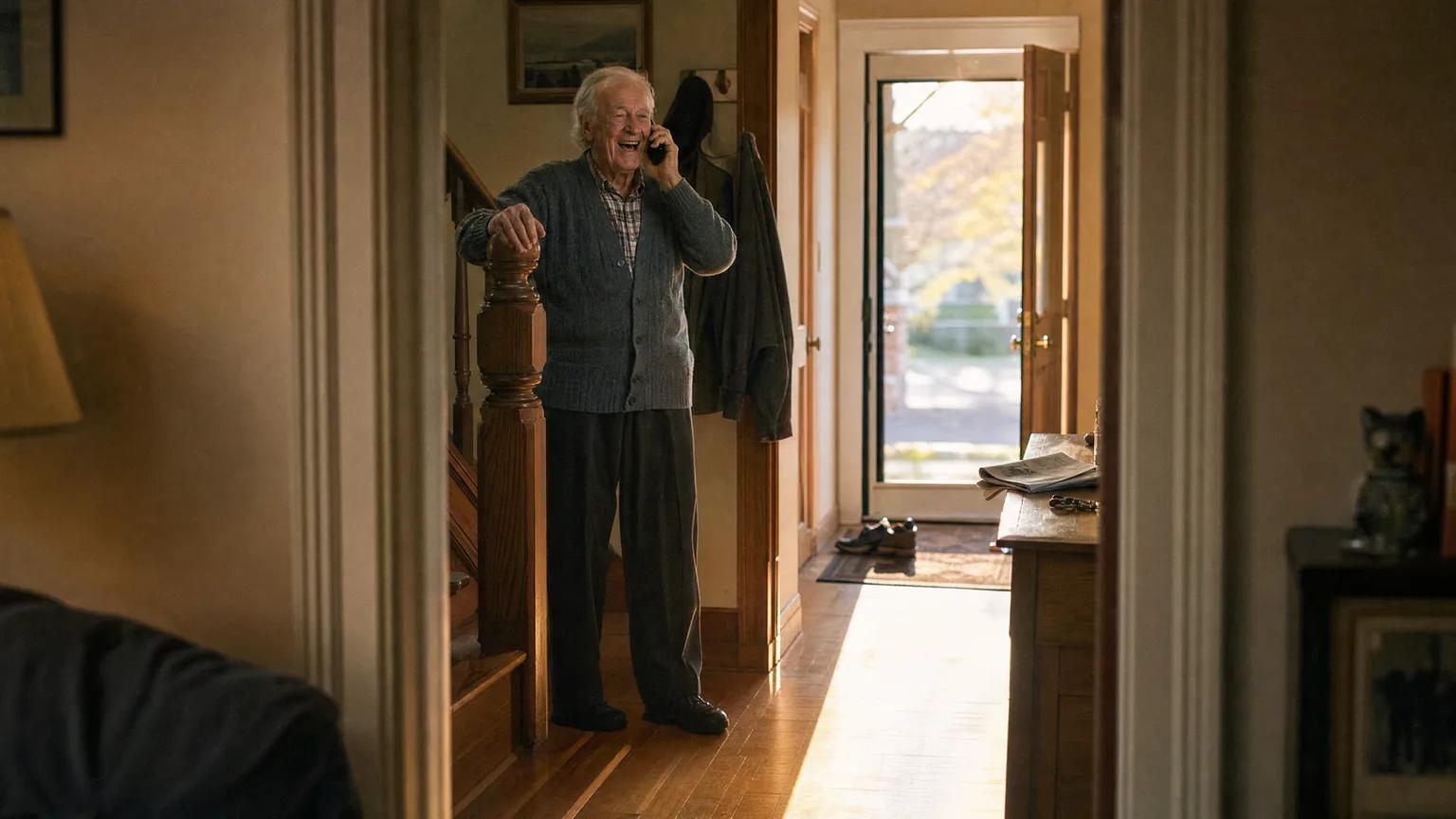 A man in his late 70s laughs on the phone in his front hallway, hand on the stair post, autumn sun through the open door
