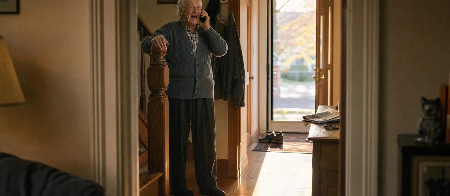 A man in his late 70s laughs on the phone in his front hallway, hand on the stair post, autumn sun through the open door