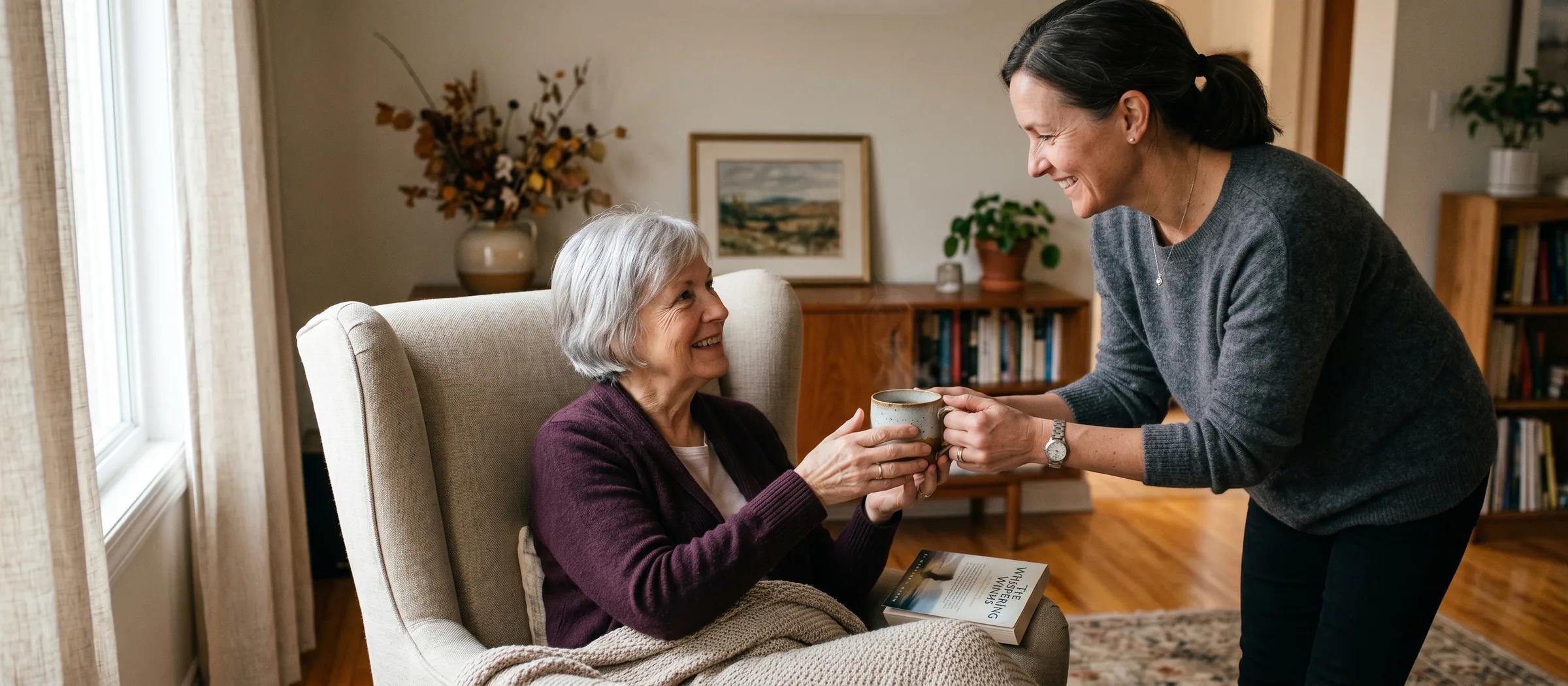 Adult daughter handing a ceramic mug of tea to her mother, who is recovering in a wing chair with a knit throw, in a warmly lit Canadian living room.