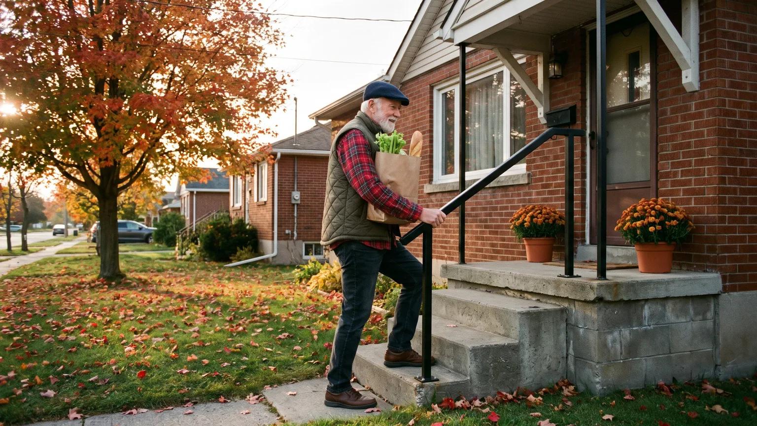 A man in his late seventies carries groceries up his front steps, one hand on a newly installed black handrail