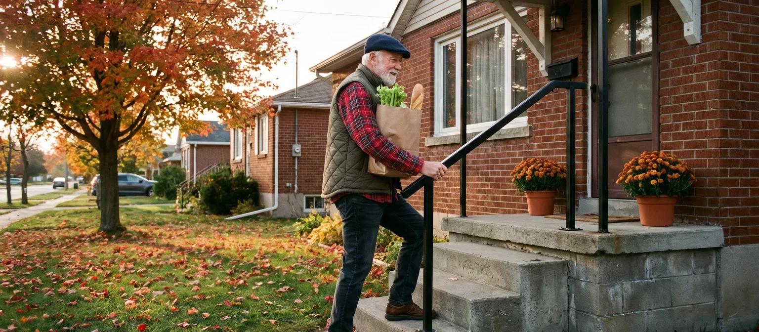 A man in his late seventies carries groceries up his front steps, one hand on a newly installed black handrail