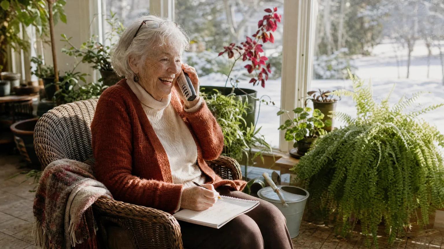 A woman in her late 70s laughs on a call in her sunny plant-filled sunroom, pencil and notebook on her knee.