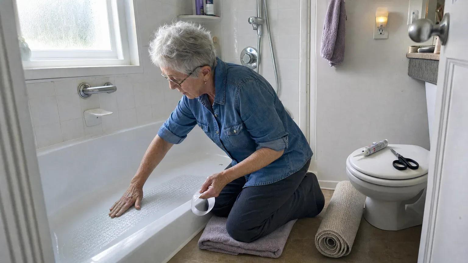 A woman in her 70s kneels beside a white tub, pressing an anti-slip strip onto the tub floor in a bright bathroom
