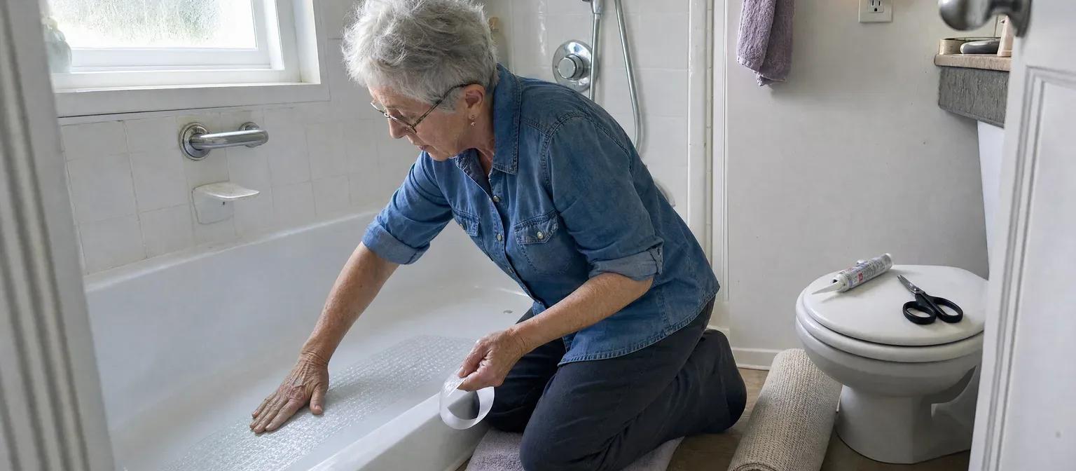 A woman in her 70s kneels beside a white tub, pressing an anti-slip strip onto the tub floor in a bright bathroom