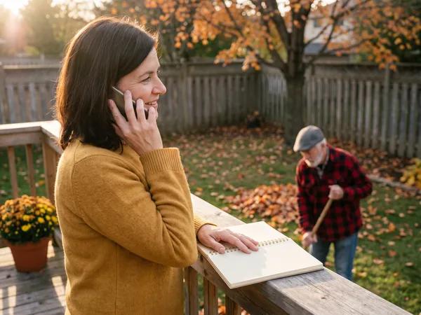 A daughter on the deck calls to ask for a home care assessment while her father rakes leaves in the yard