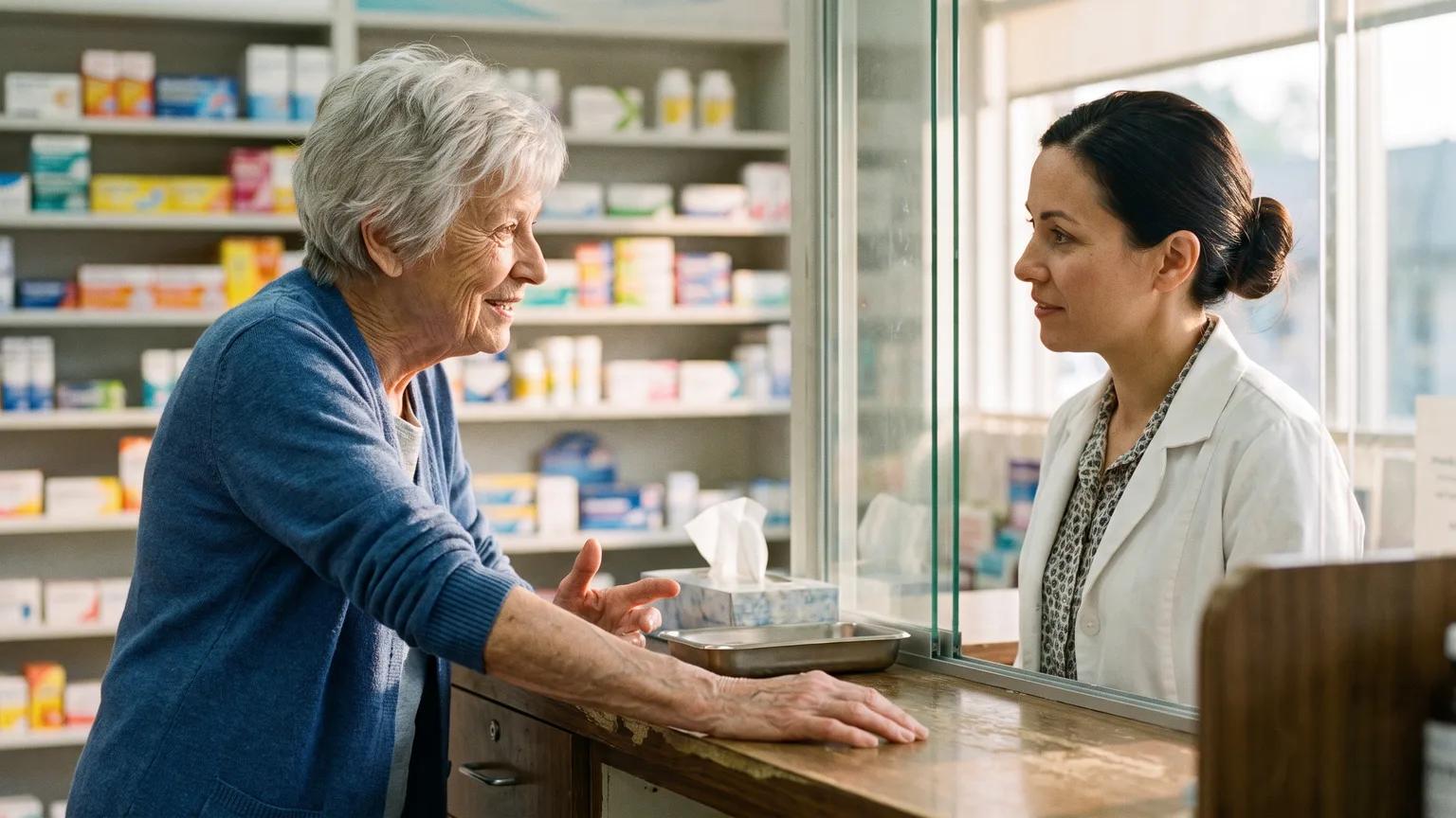 A senior woman talks with a pharmacist at a bright counter, asking about this fall's RSV vaccine