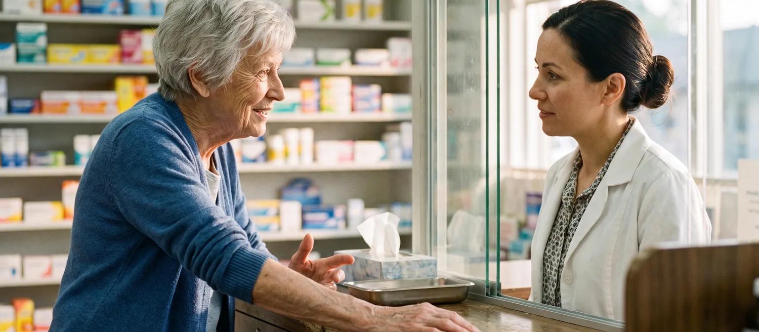 A senior woman talks with a pharmacist at a bright counter, asking about this fall's RSV vaccine