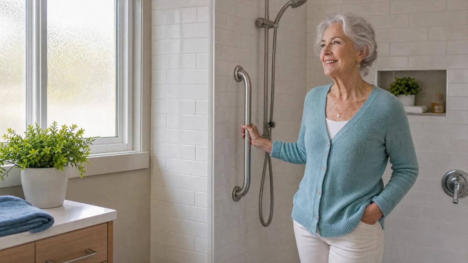 A smiling silver-haired woman rests her hand on a grab bar in her bright, newly renovated walk-in shower.