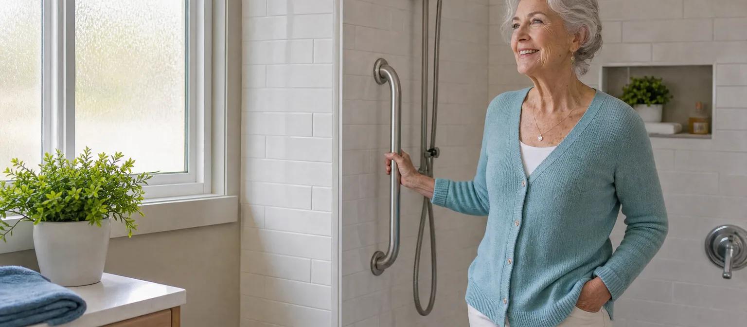 A smiling silver-haired woman rests her hand on a grab bar in her bright, newly renovated walk-in shower.