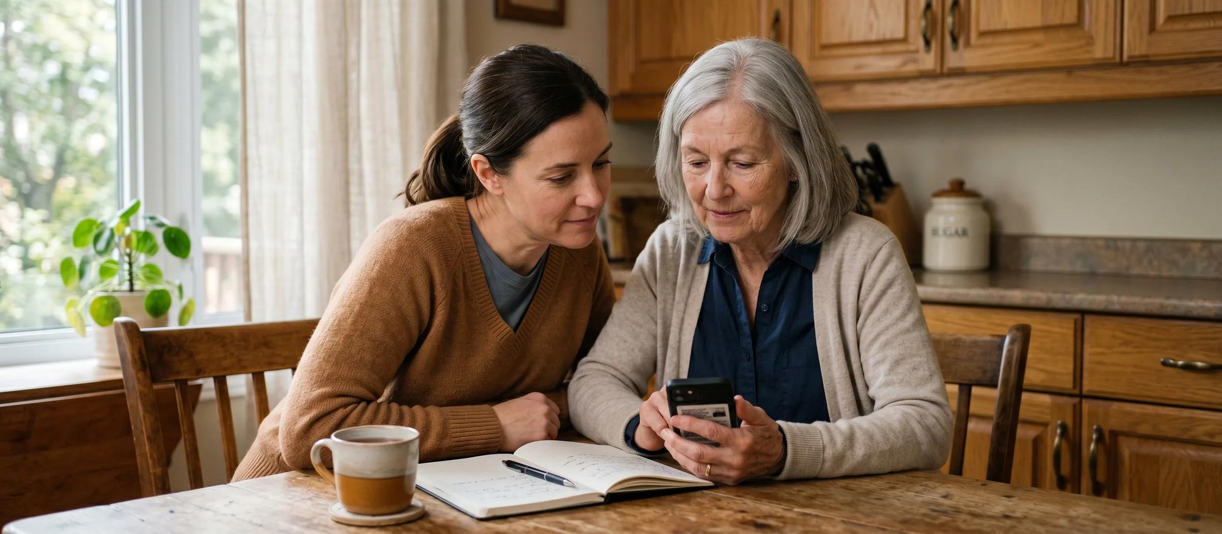 A senior Canadian woman and her adult daughter look at a smartphone together at a kitchen table in soft morning light.