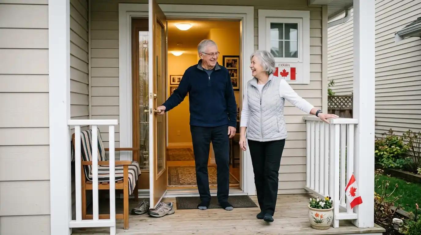 Senior couple exiting their home onto their front porch