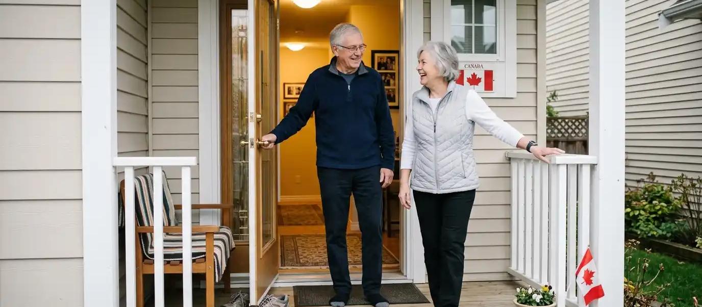 Senior couple exiting their home onto their front porch