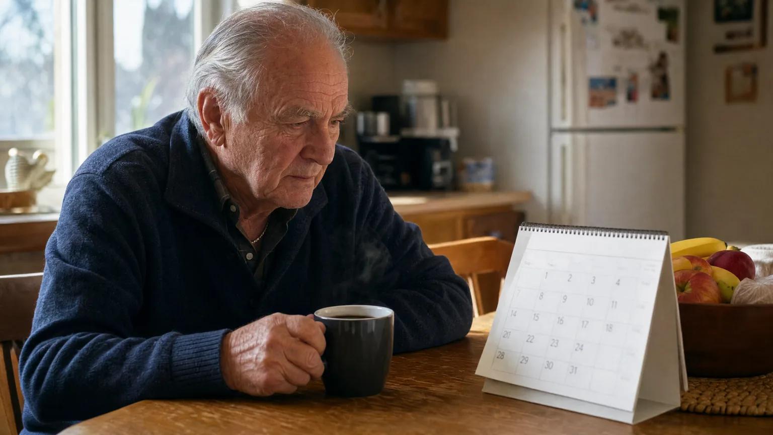 Senior man having coffee at his kitchen table, checking the dates on a desk calendar in warm morning light