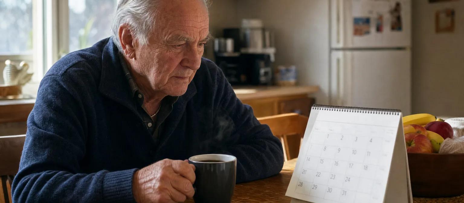 Senior man having coffee at his kitchen table, checking the dates on a desk calendar in warm morning light