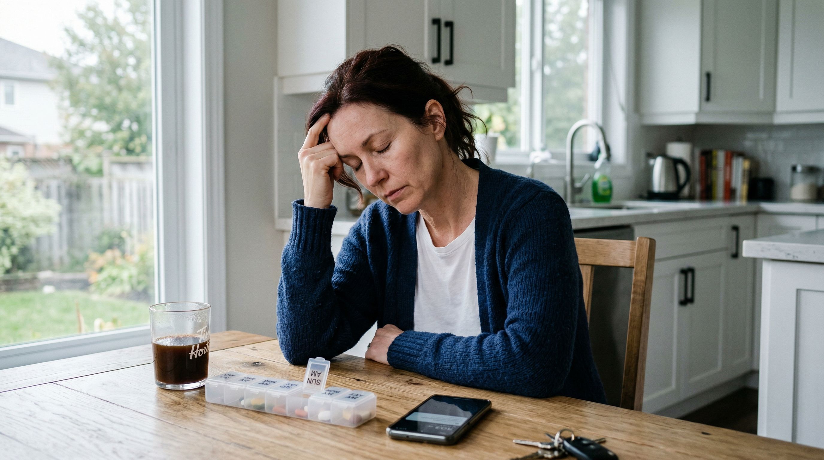 Caregiver sitting at table showing signs of stress 