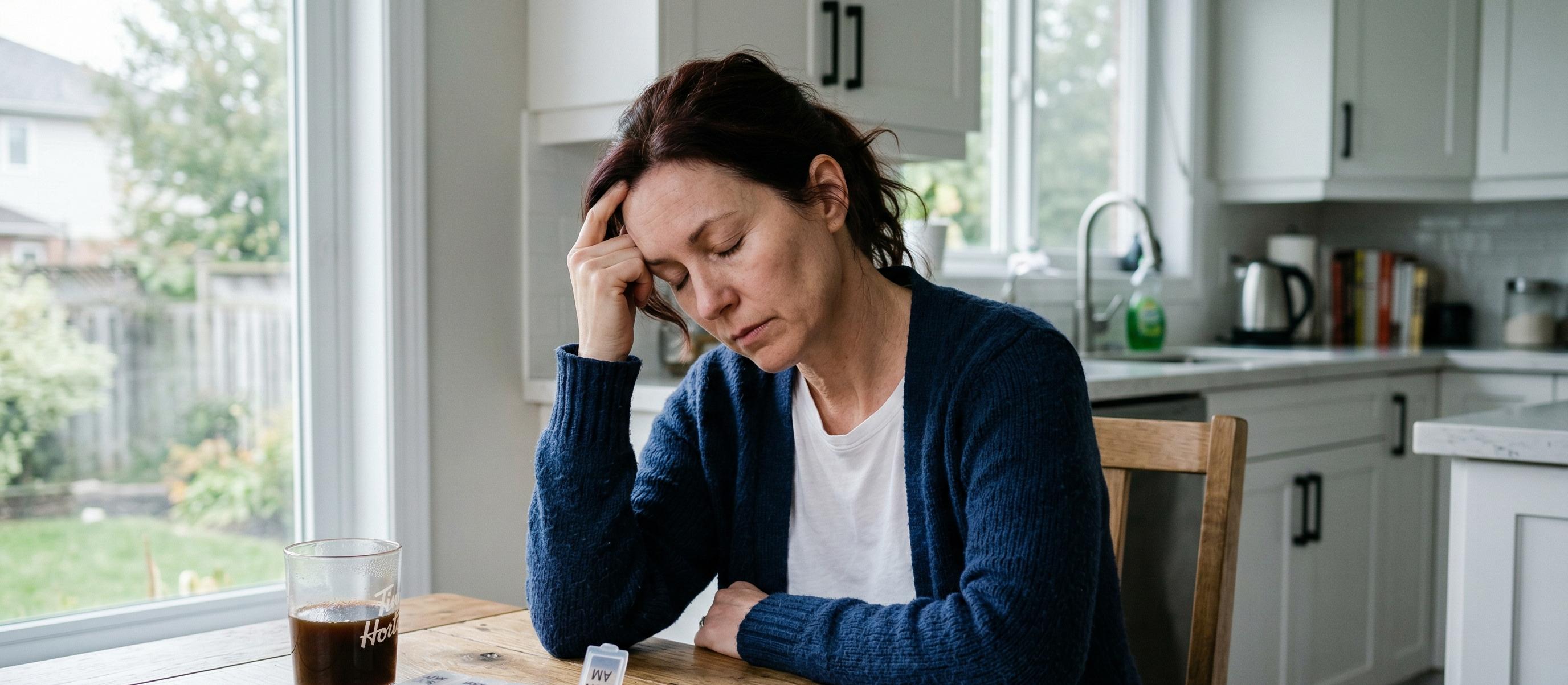 Caregiver sitting at table showing signs of stress