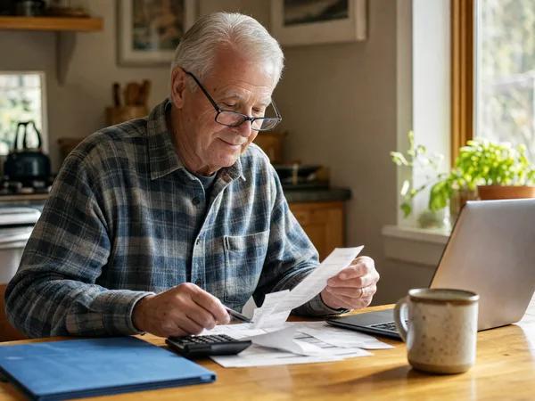 A senior man in glasses reviews home renovation receipts with a calculator and laptop at his kitchen table.