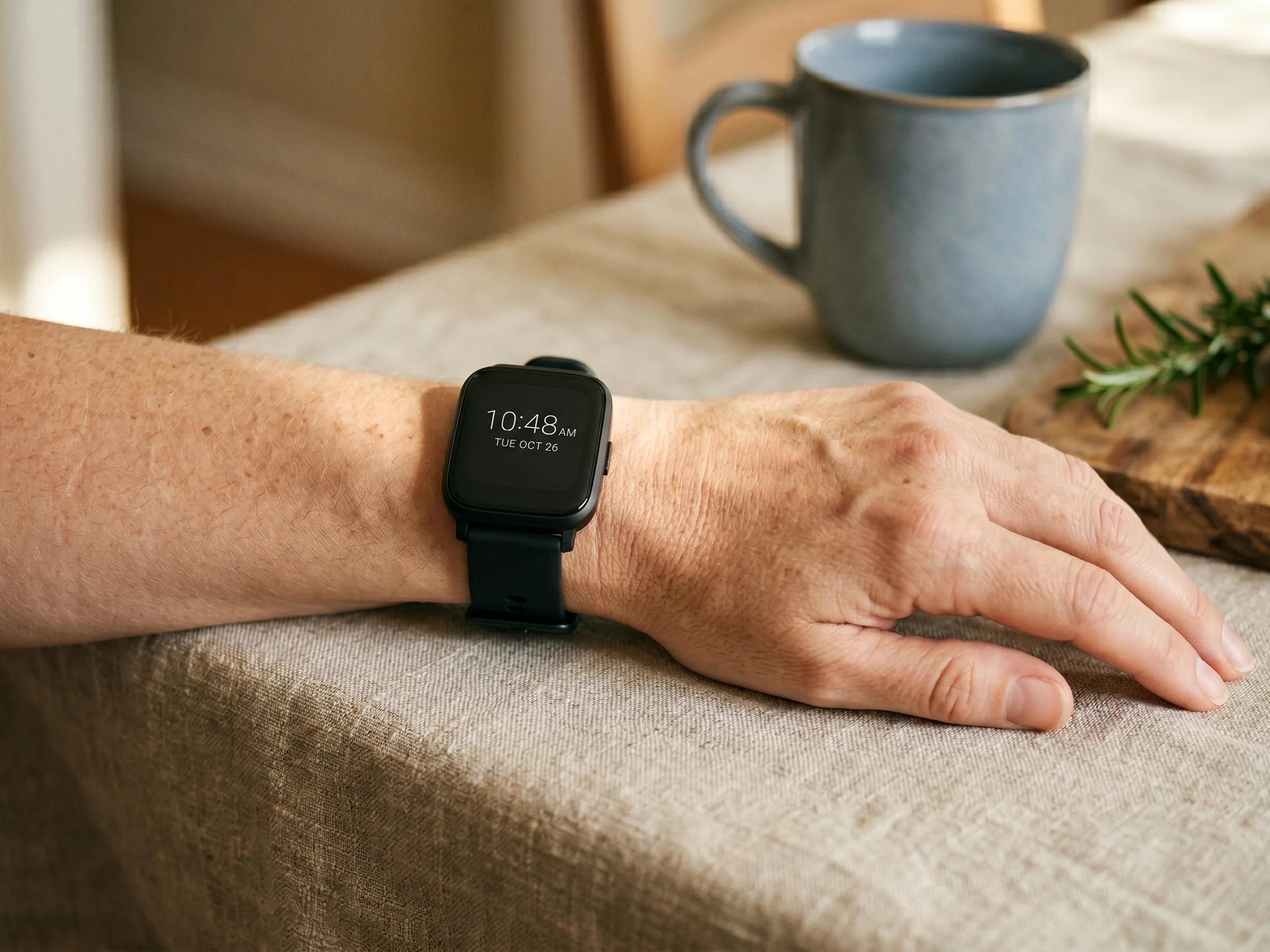 Sleek black smartwatch with fall detection on a senior woman's wrist resting on a linen-covered table.